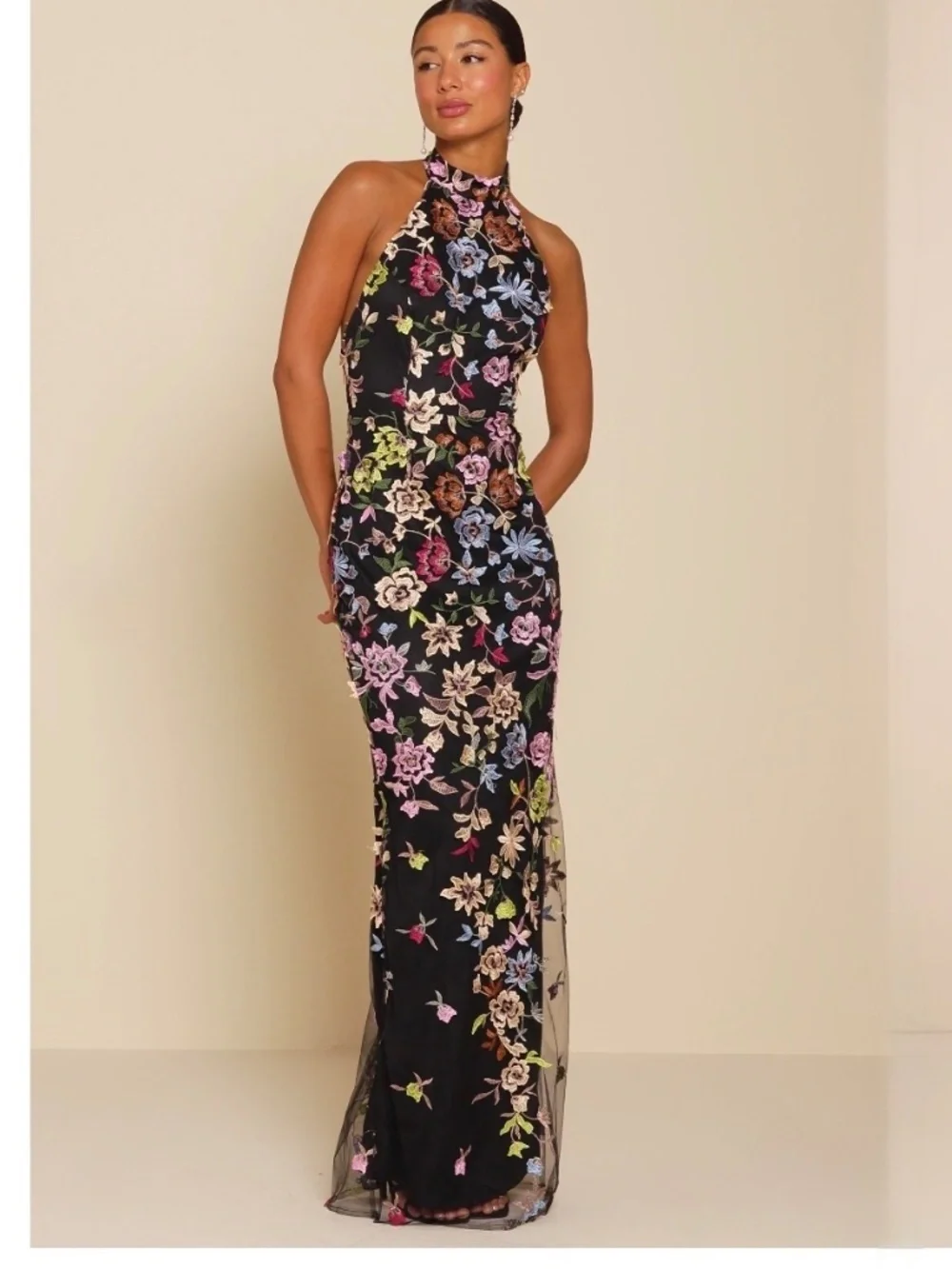 NWT Lulus Infinite Praise Black 3D Floral Embroidered Halter Maxi Dress XS